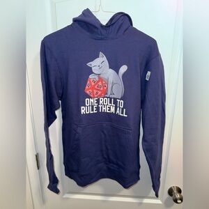 Blue DND Cat with D20 One Roll to Rule Them All Graphic Hoodie - Size M